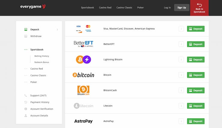 An image of banking options at Everygame IA online sports betting site